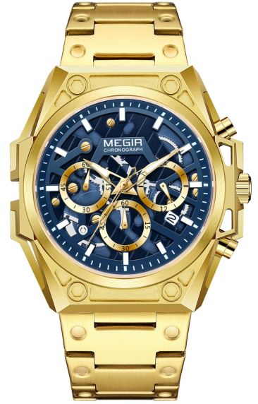 Megir Skeleton Chronograph Gold Blue 4220